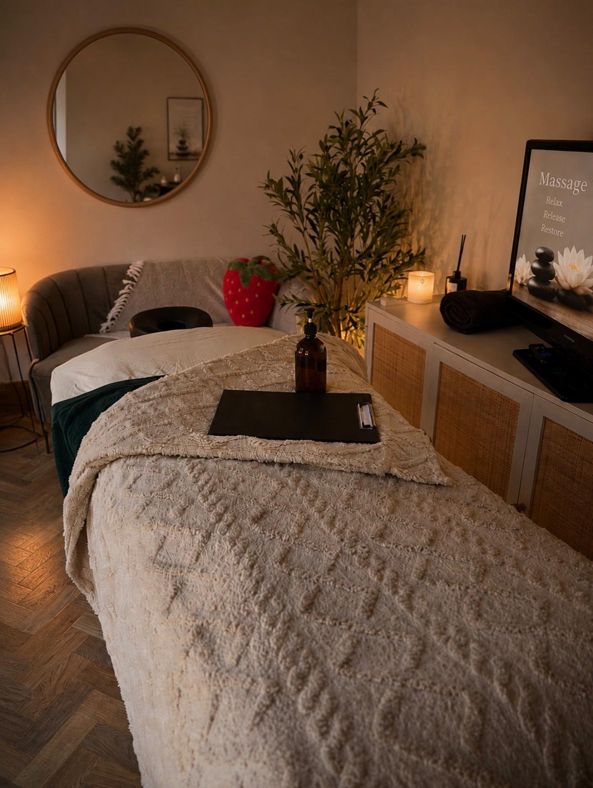 Warm and relaxing UVU Performance Lab massage treatment room in Westbury